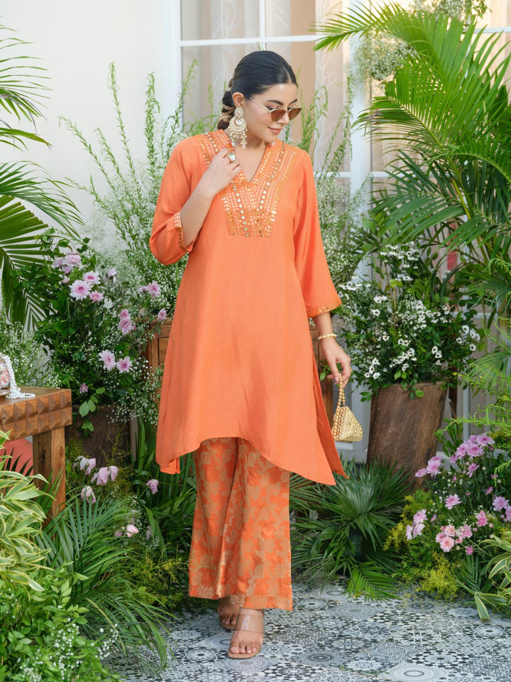 Meera Apricot Premium Fusion Set with Jacquard Pants