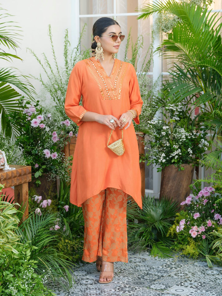 Meera Apricot Premium Fusion Set with Jacquard Pants