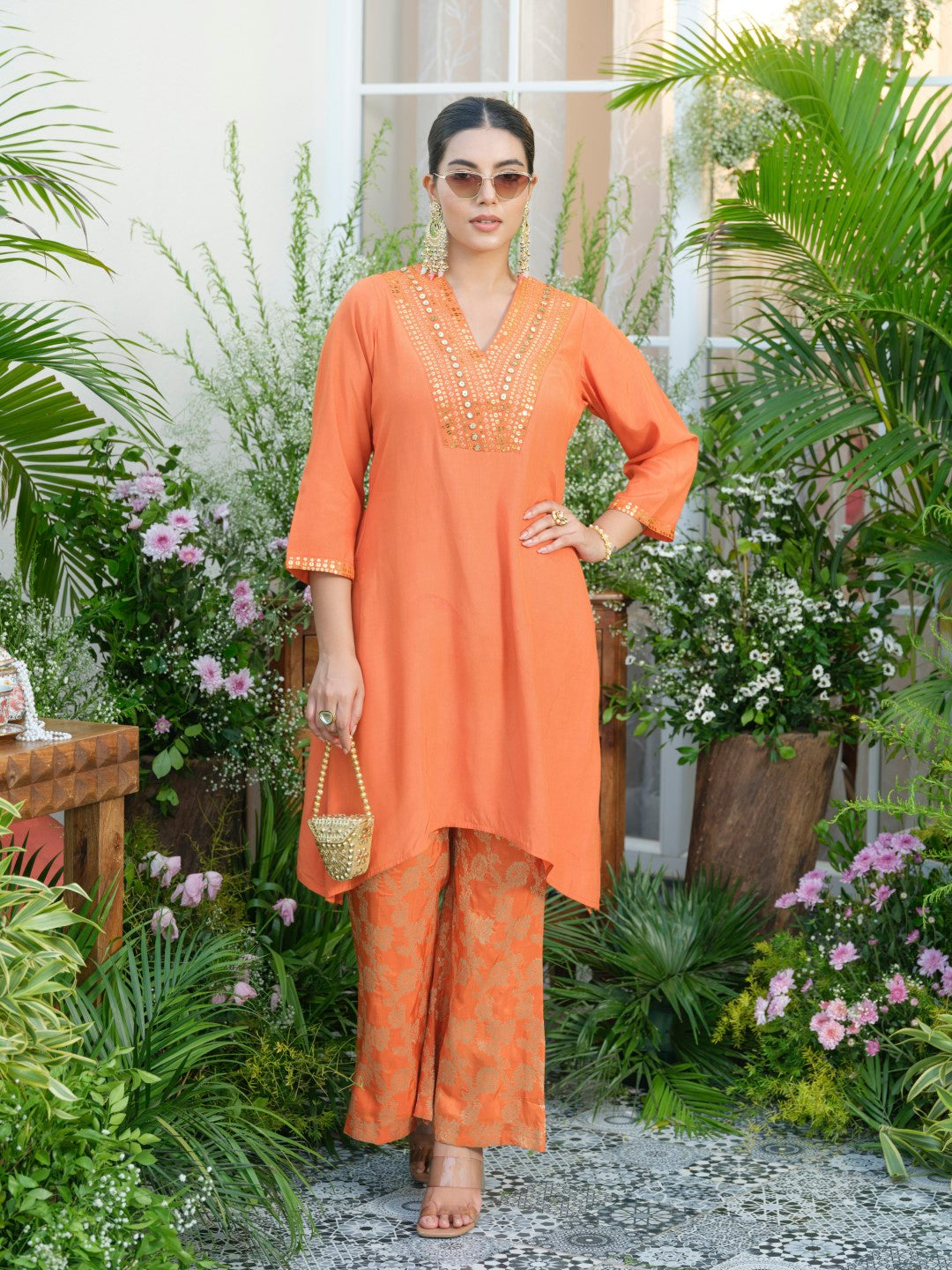 Meera Apricot Premium Fusion Set with Jacquard Pants