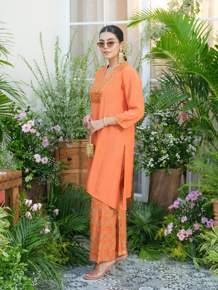 Meera Apricot Premium Fusion Set with Jacquard Pants