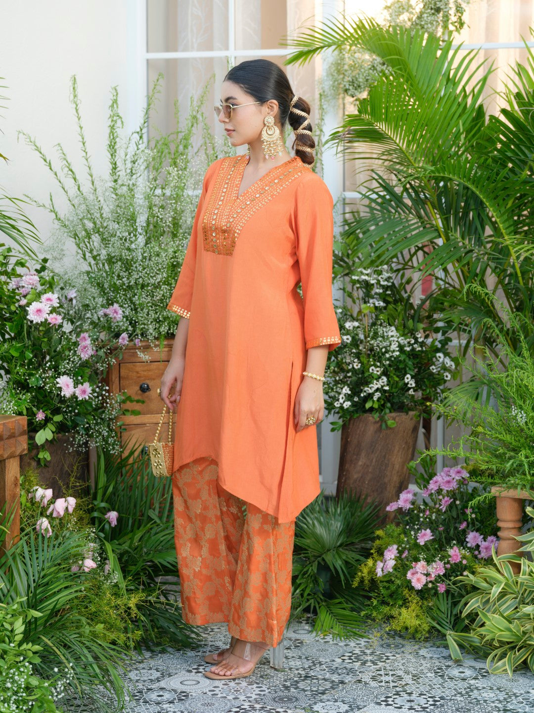 Meera Apricot Premium Fusion Set with Jacquard Pants
