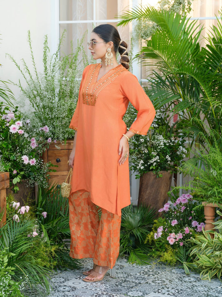 Meera Apricot Premium Fusion Set with Jacquard Pants