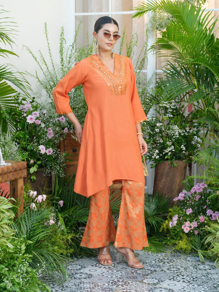 Meera Apricot Premium Fusion Set with Jacquard Pants