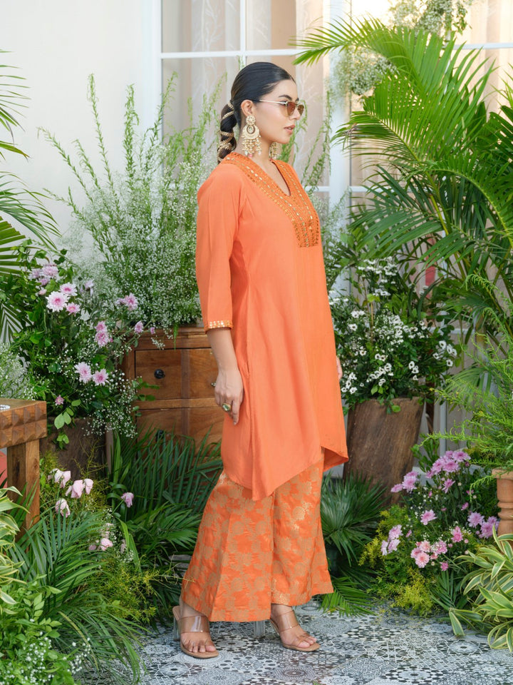 Meera Apricot Premium Fusion Set with Jacquard Pants