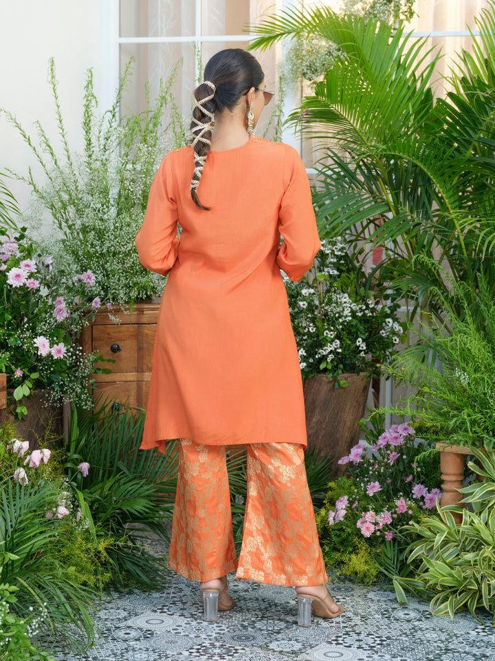 Meera Apricot Premium Fusion Set with Jacquard Pants