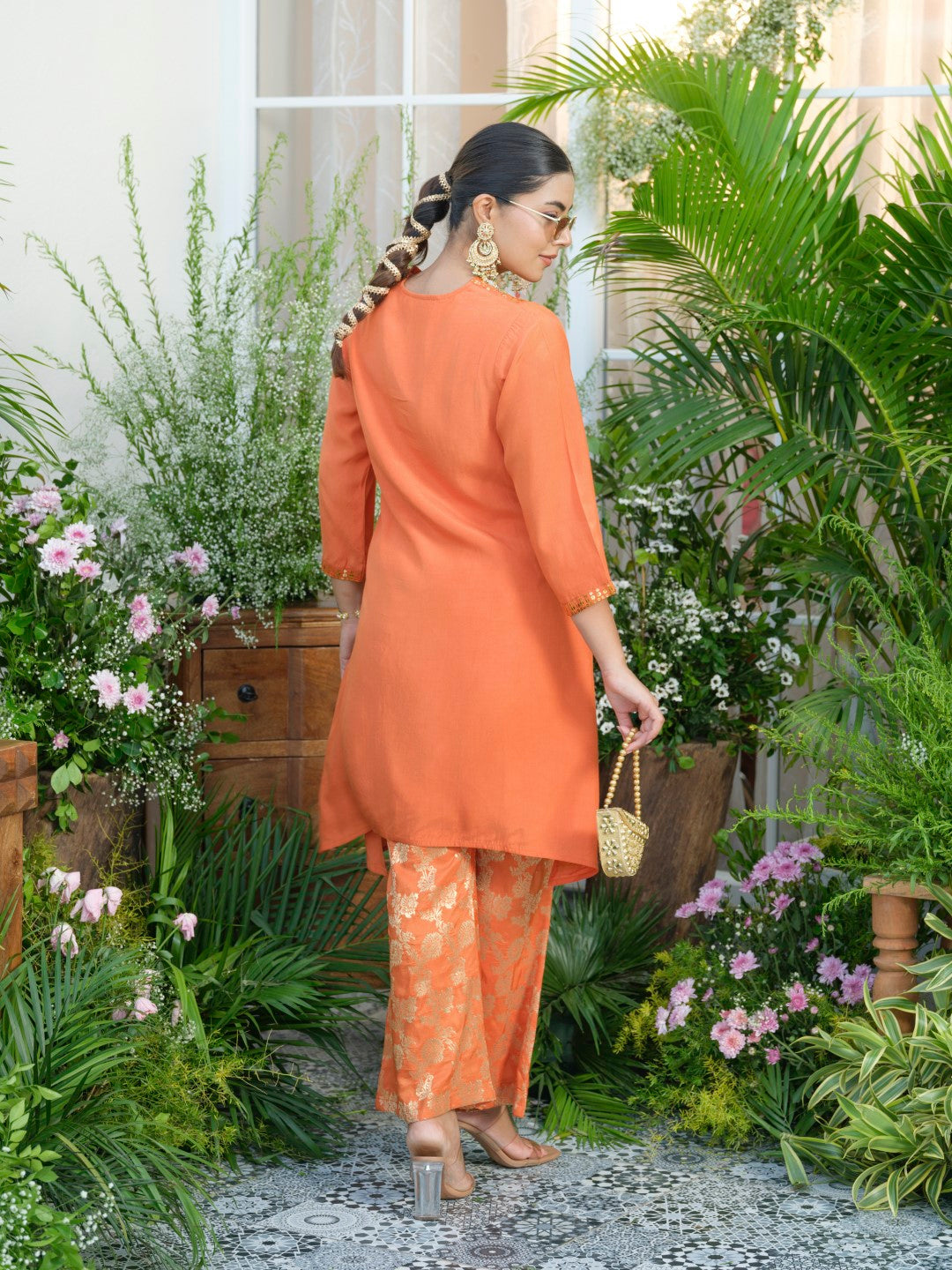 Meera Apricot Premium Fusion Set with Jacquard Pants