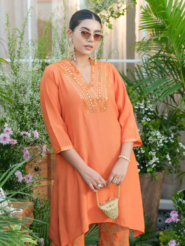 Meera Apricot Premium Fusion Set with Jacquard Pants