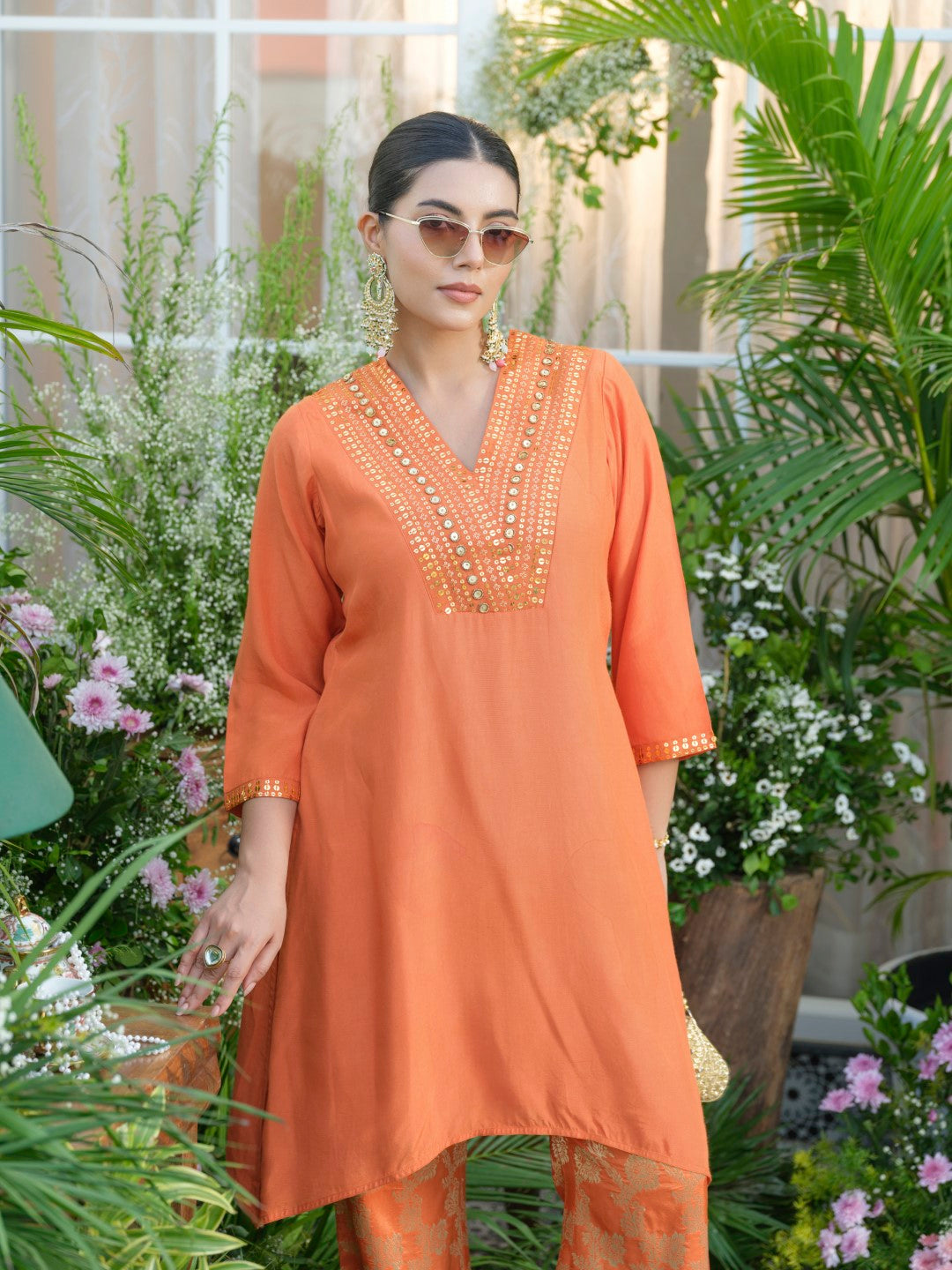 Meera Apricot Premium Fusion Set with Jacquard Pants
