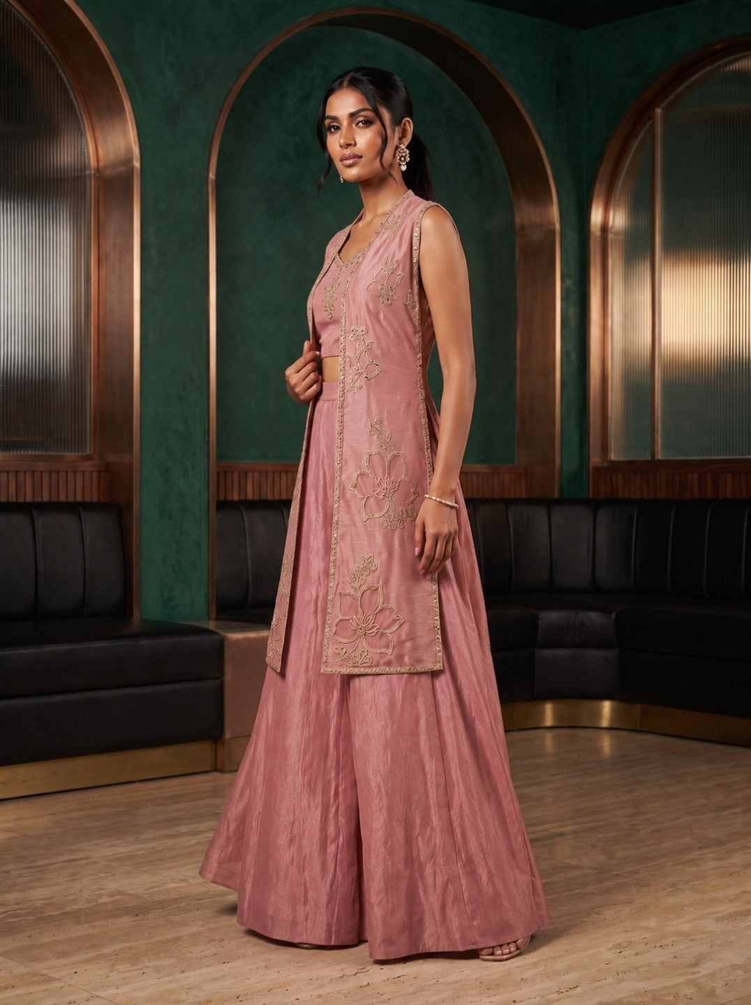 Alpa Salmon Full Work Fusion 3 Pc Co-Ord Set