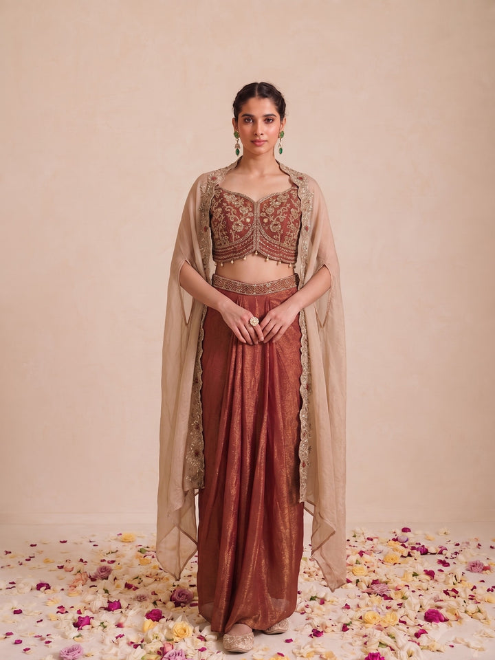 Alpa Tawny Full Work Drape Skirt Cape Set
