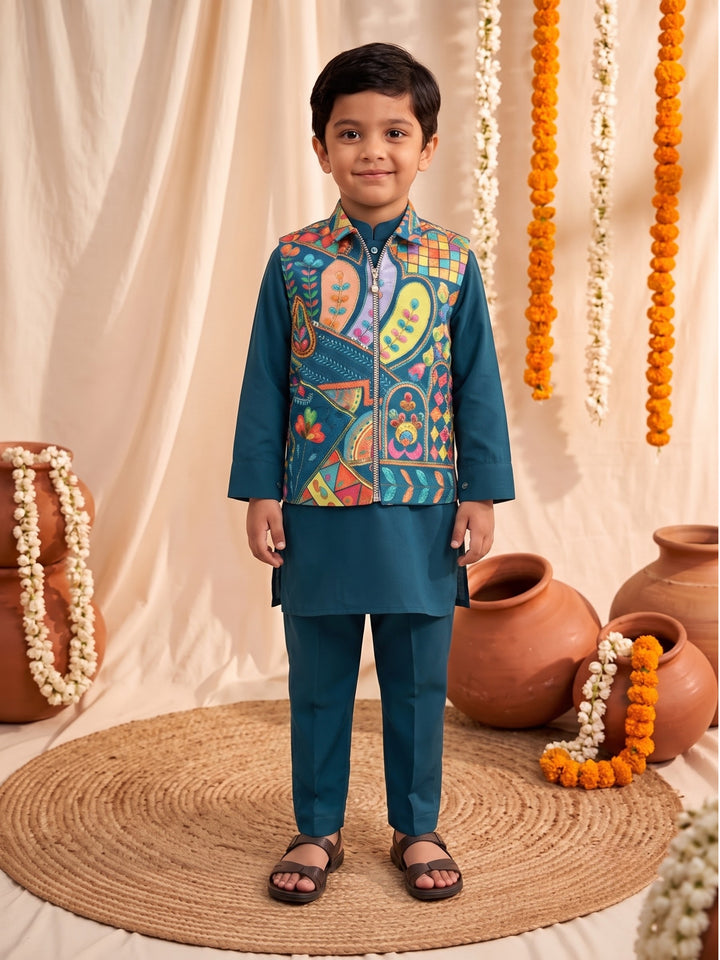 Arya Cobalt Embroidery Jacket Style Boys Kurt Pyjama Set