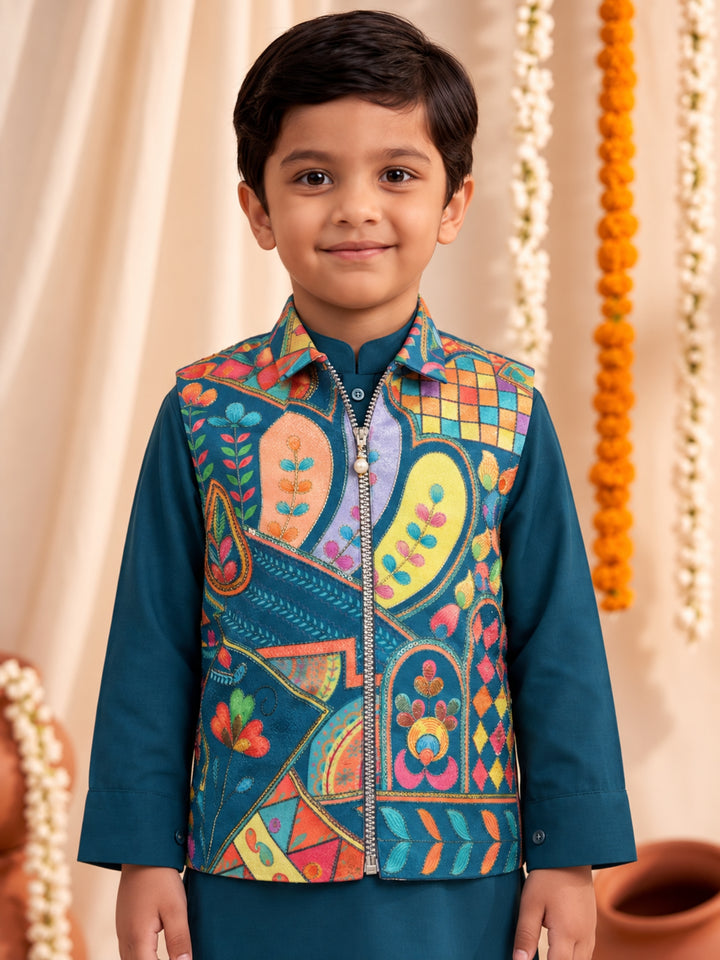 Arya Cobalt Embroidery Jacket Style Boys Kurt Pyjama Set