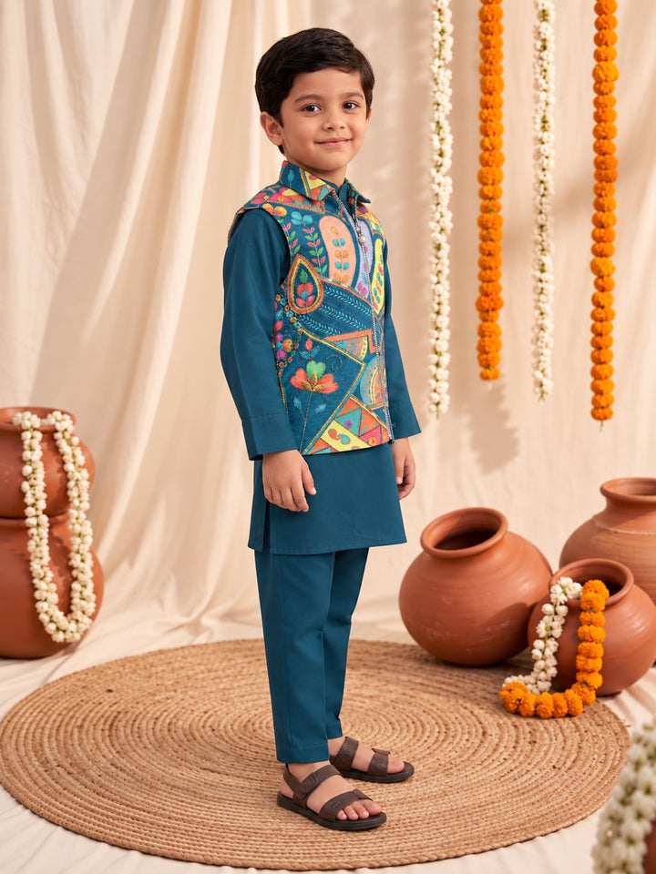 Arya Cobalt Embroidery Jacket Style Boys Kurt Pyjama Set