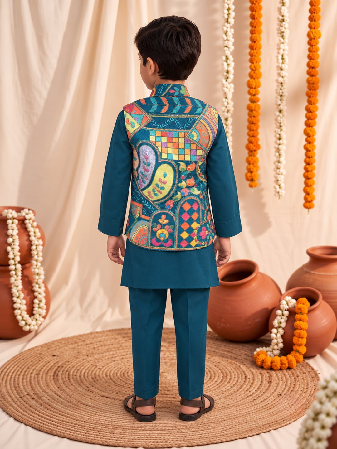 Arya Cobalt Embroidery Jacket Style Boys Kurt Pyjama Set