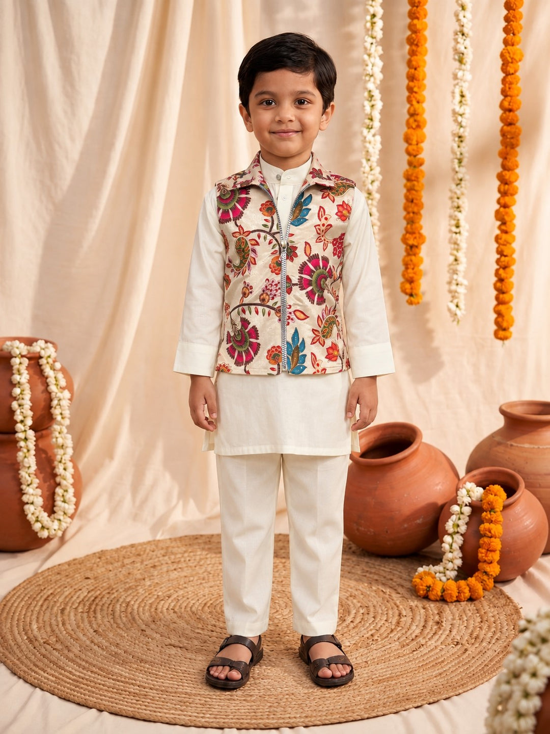 Arya Noir Embroidery Boys Kurta Pyjama Jacket Set