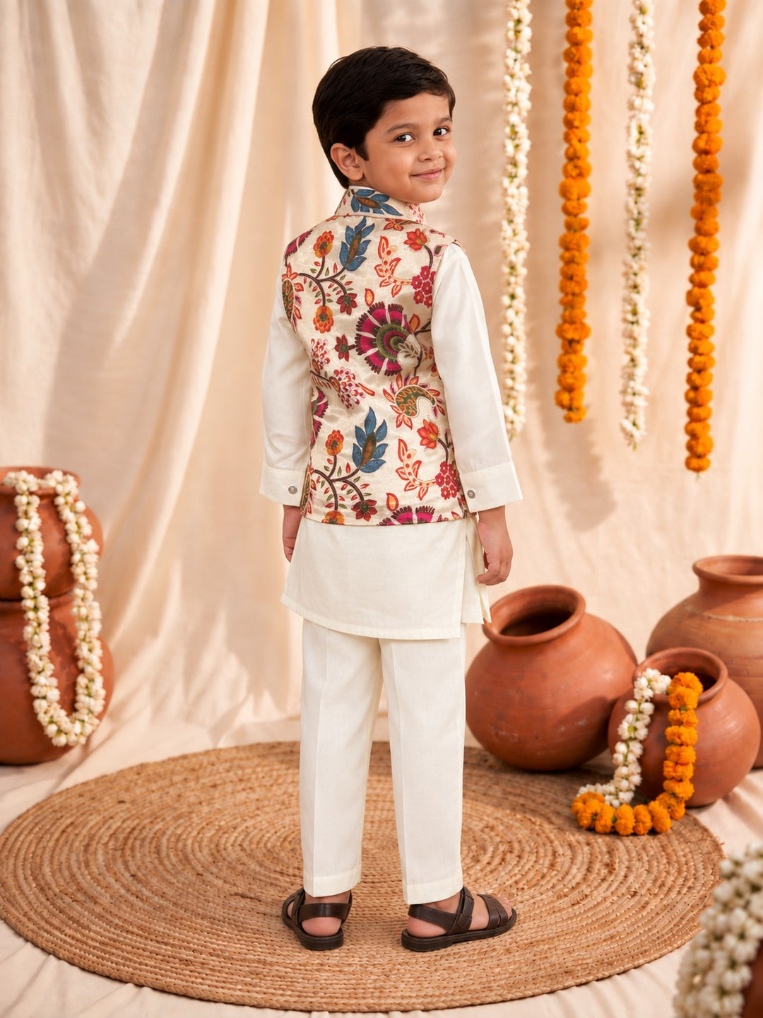 Arya Noir Embroidery Boys Kurta Pyjama Jacket Set