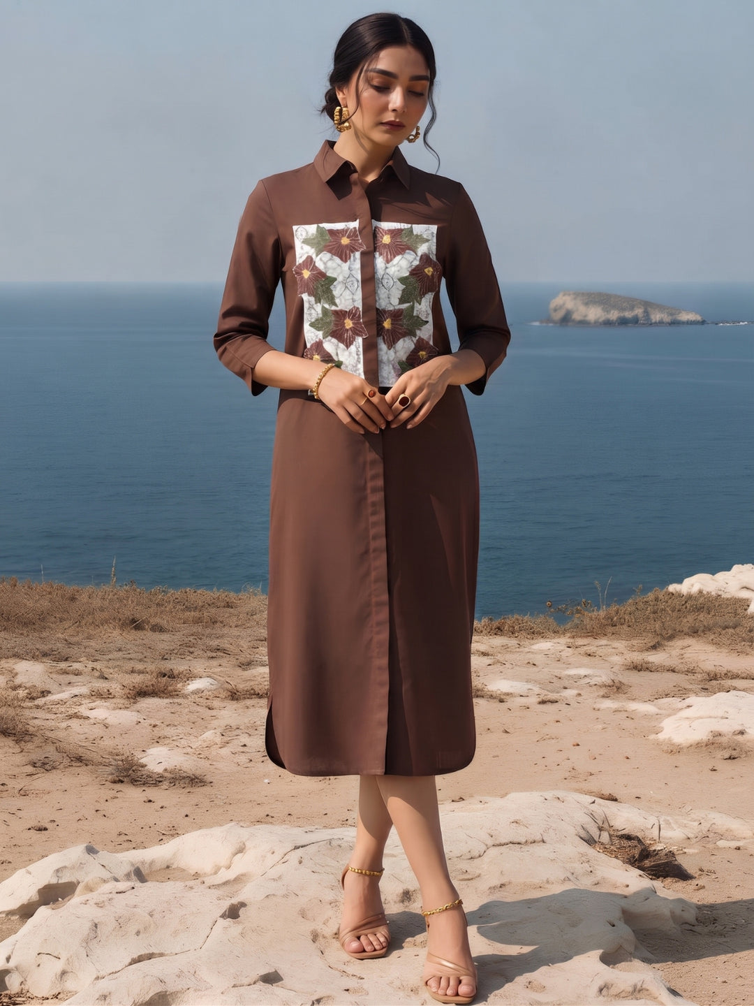 Avira Russet Embroidery Cotton Dress