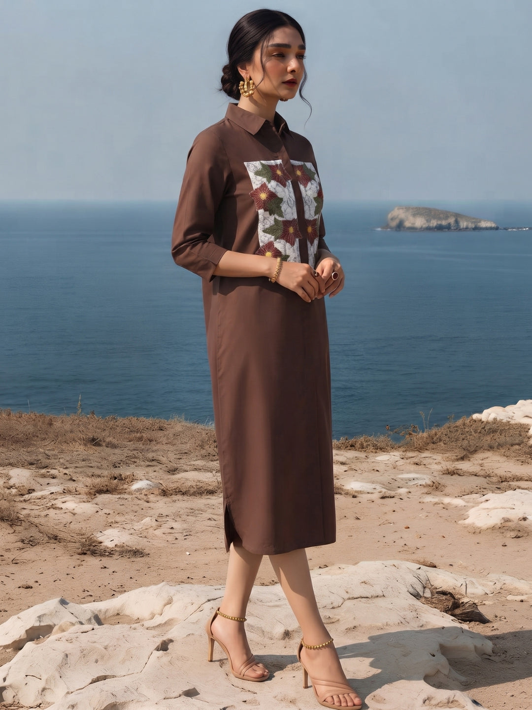 Avira Russet Embroidery Cotton Dress