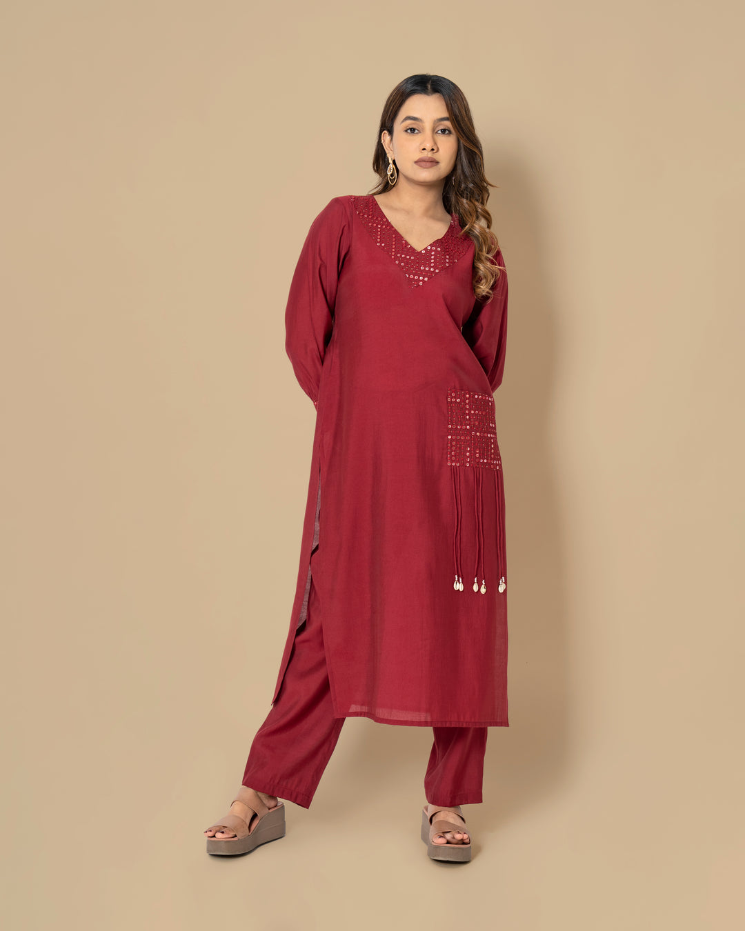 Naina Merlot Mirror Work Kurta Pant Set