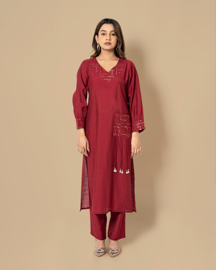 Naina Merlot Mirror Work Kurta Pant Set