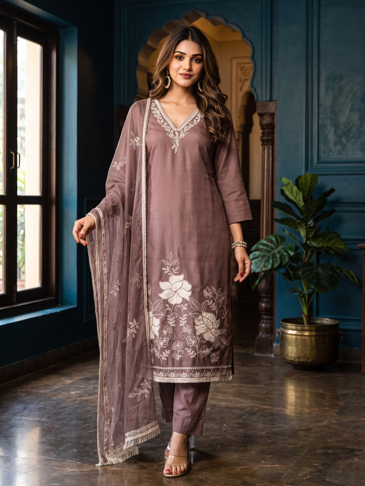 Bahara Mauve Embroidered Suit Set