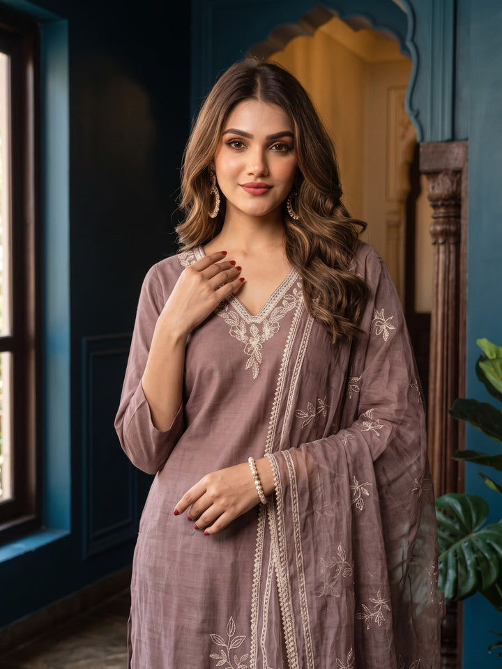 Bahara Mauve Embroidered Suit Set