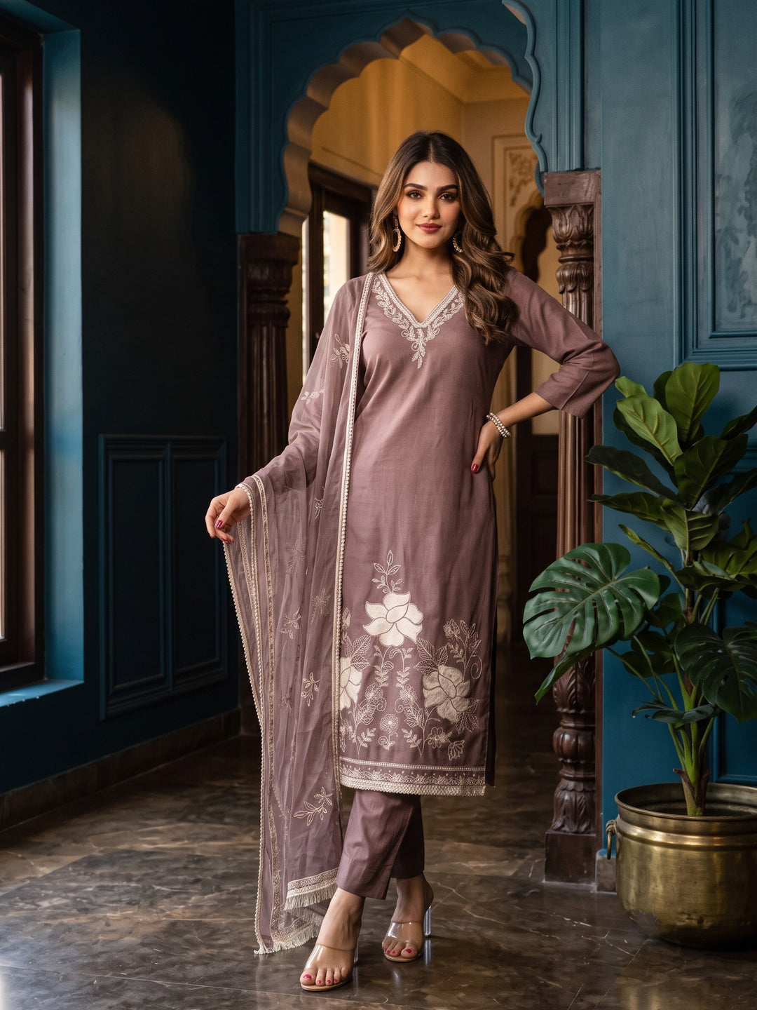 Bahara Mauve Embroidered Suit Set