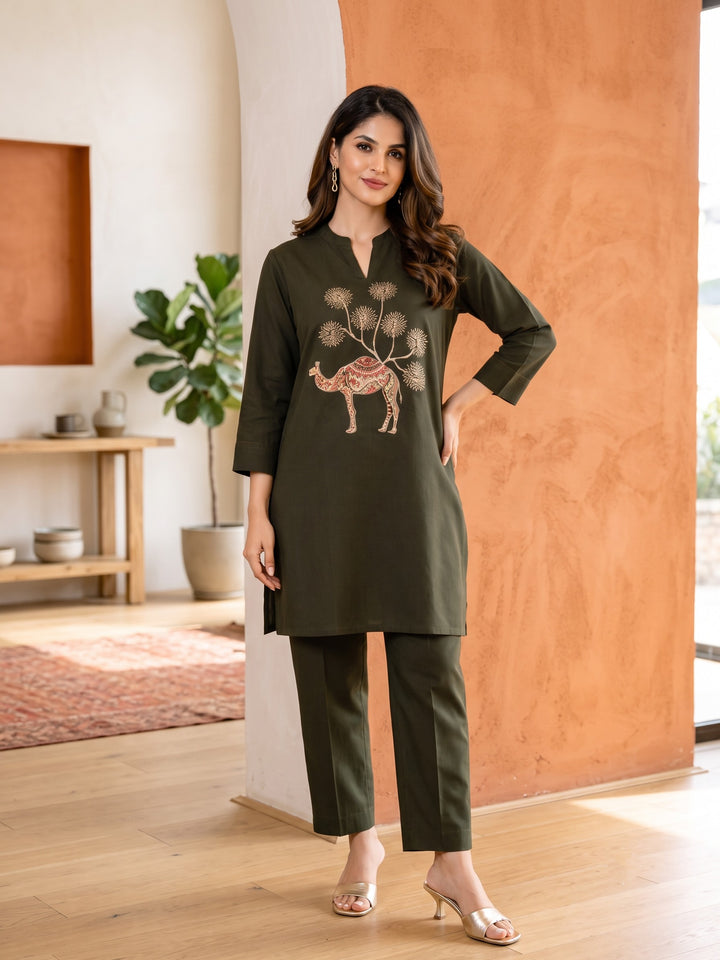 Bahara Olive Embroidered Co-ord Set