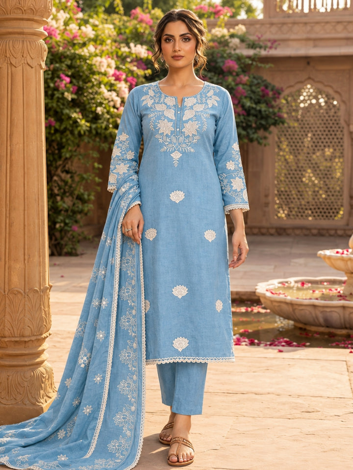 Bahara Softblue Printed Embroidered Suit Set