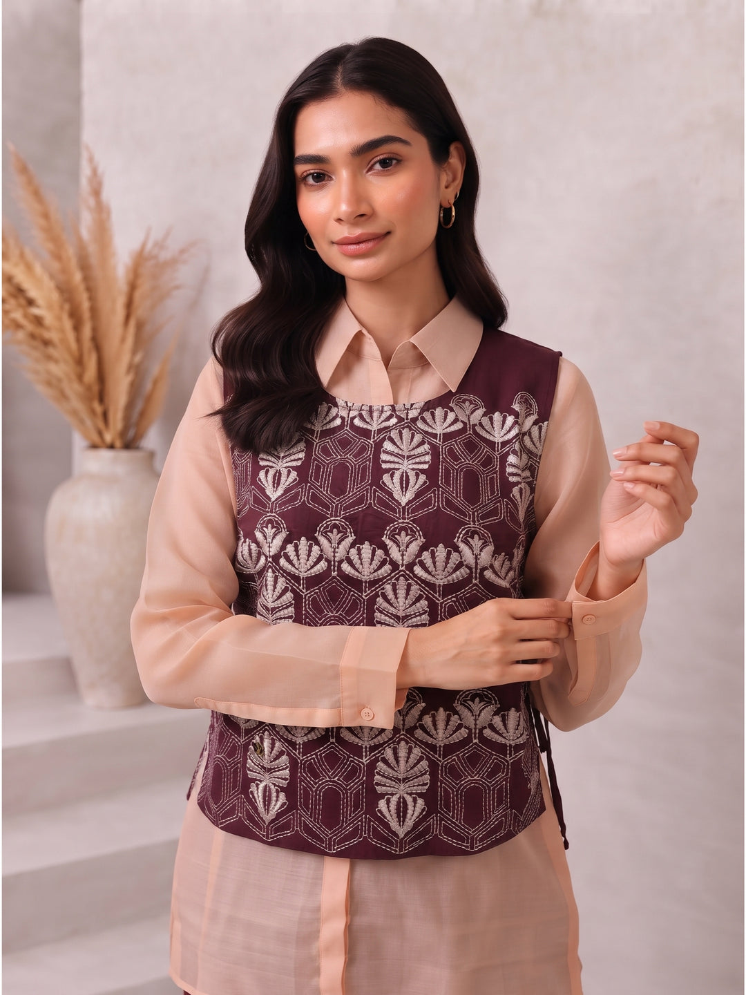 Bani Crimson Embroidery Bib Style Co-Ord Set