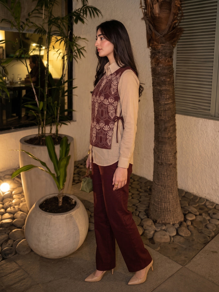 Bani Crimson Embroidery Bib Style Co-Ord Set