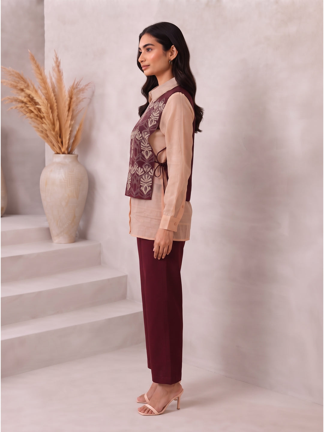 Bani Crimson Embroidery Bib Style Co-Ord Set
