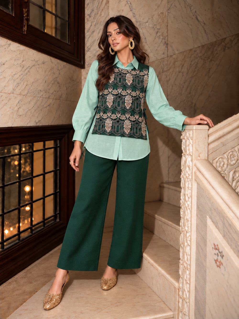 Bani Moss Embroidery Bib Style Co-Ord Set