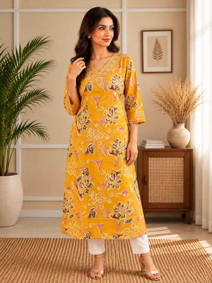 Barnali Mustard Printed Work Kurti