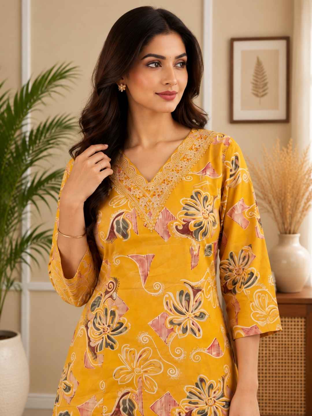 Barnali Mustard Printed Work Kurti
