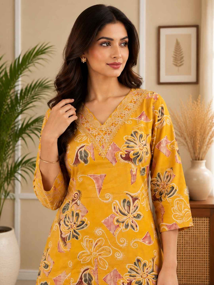 Barnali Mustard Printed Work Kurti