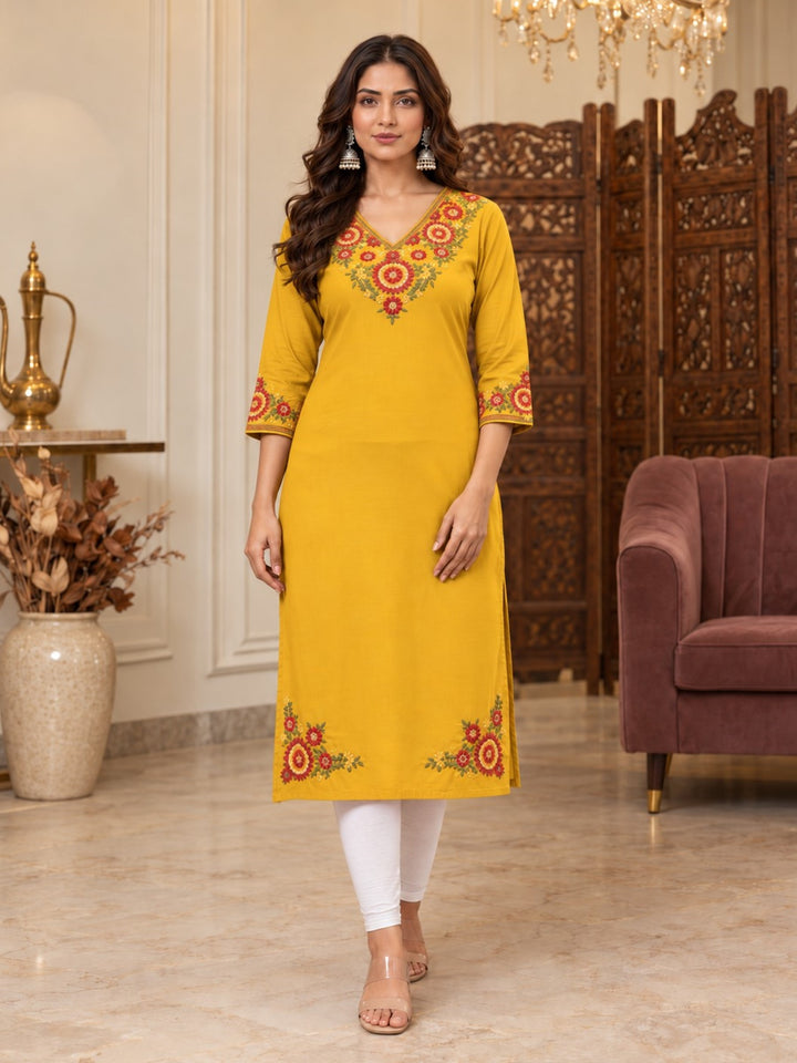 Chandri Mustard Embroidered Kurti