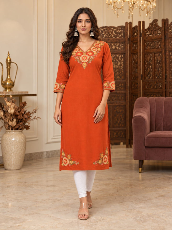 Chandri Tangerine Embroidered Kurti