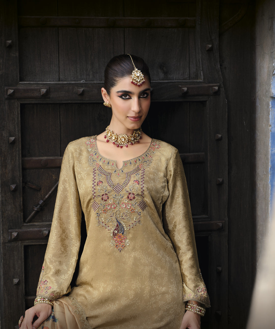 Mrinal Caramel full work heavy suit set