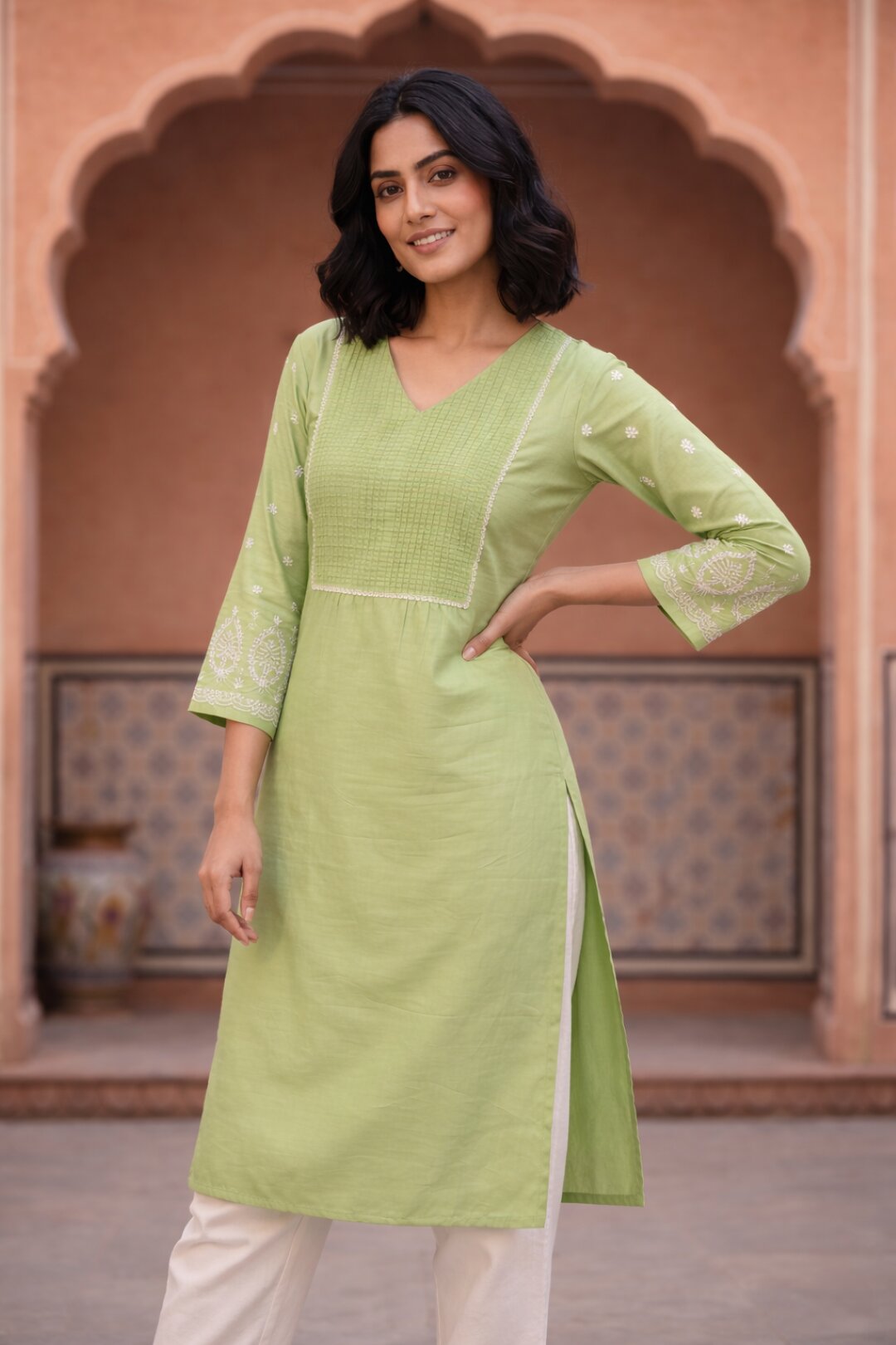 Sarvari Celery Embroidered Kurti