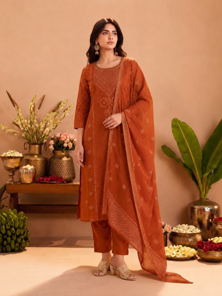 Sanjh Tango Printed Work Cotton Suit Set