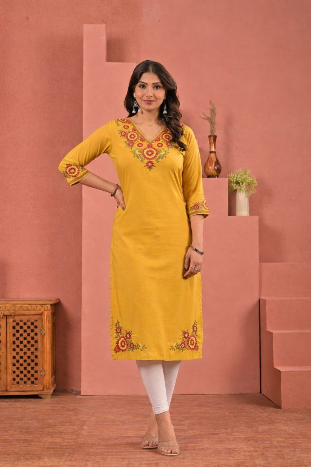 Chandri Mustard Embroidered Kurti