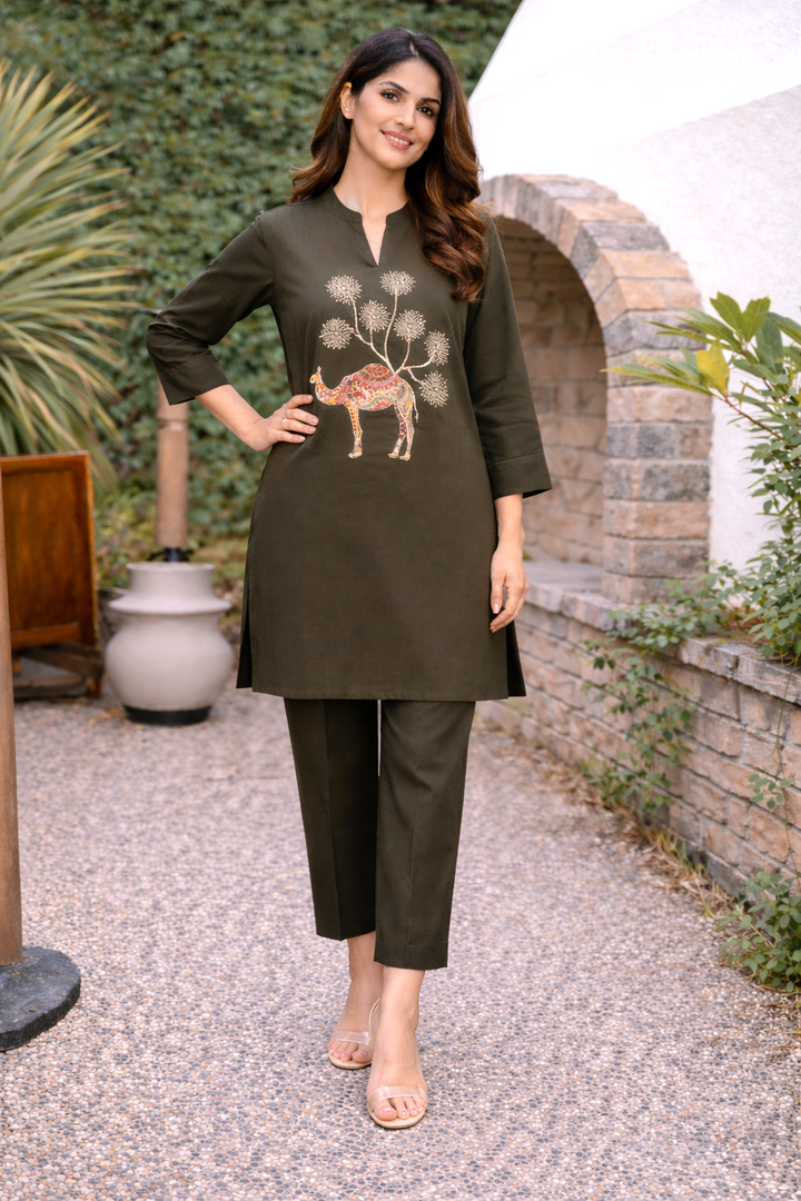 Bahara Olive Embroidered Co-ord Set