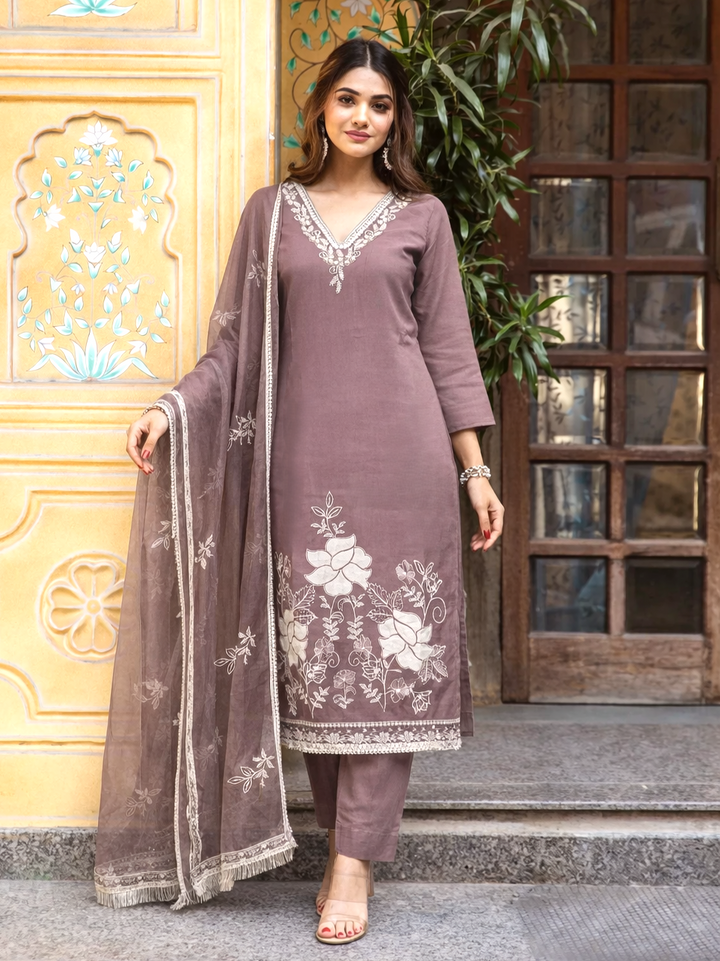 Bahara Mauve Embroidered Suit Set