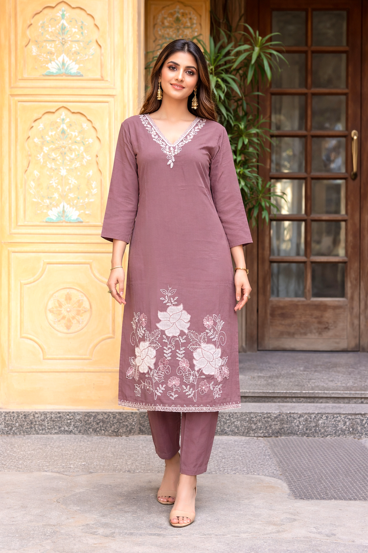 Bahara Mauve Embroidered Suit Set