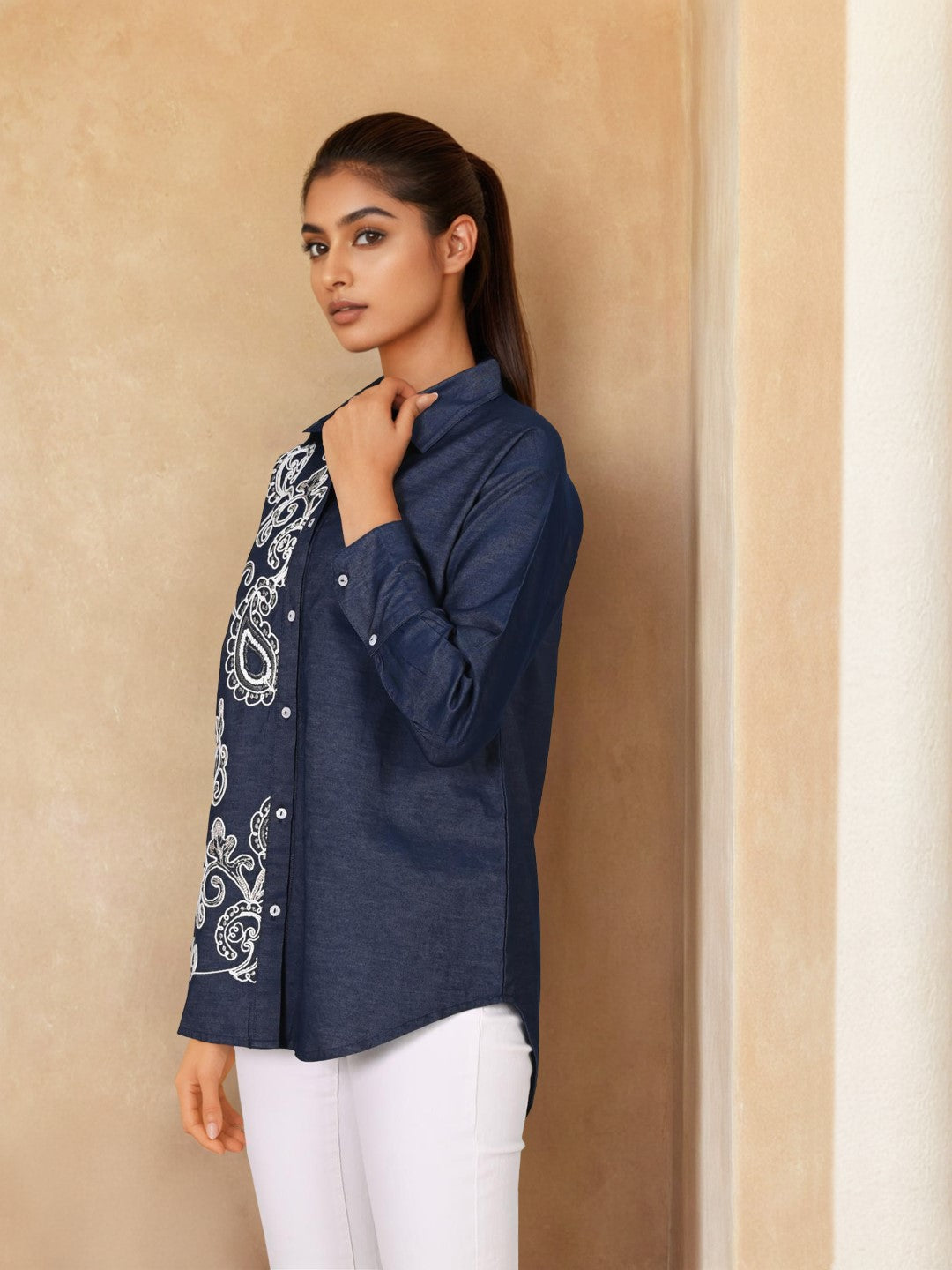 Sharanya hibis Embroidery denim shirt