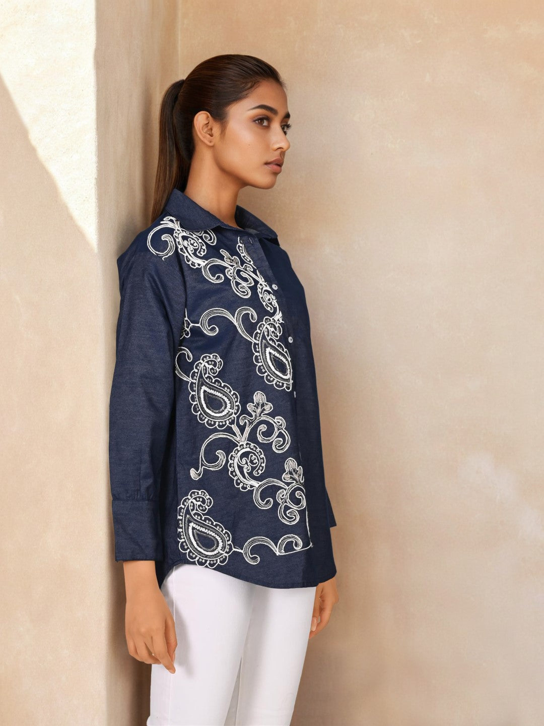 Sharanya hibis Embroidery denim shirt