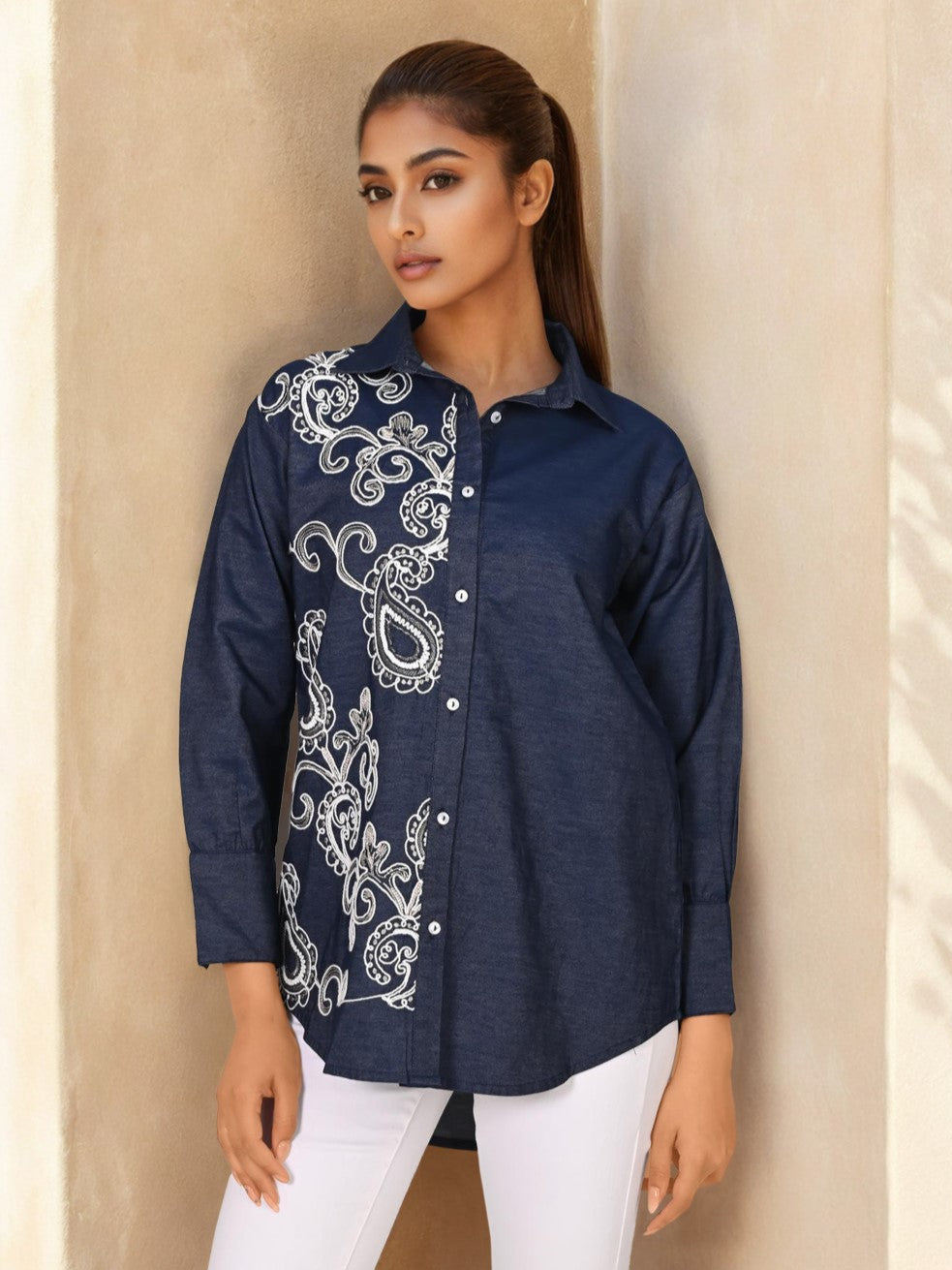 Sharanya hibis Embroidery denim shirt