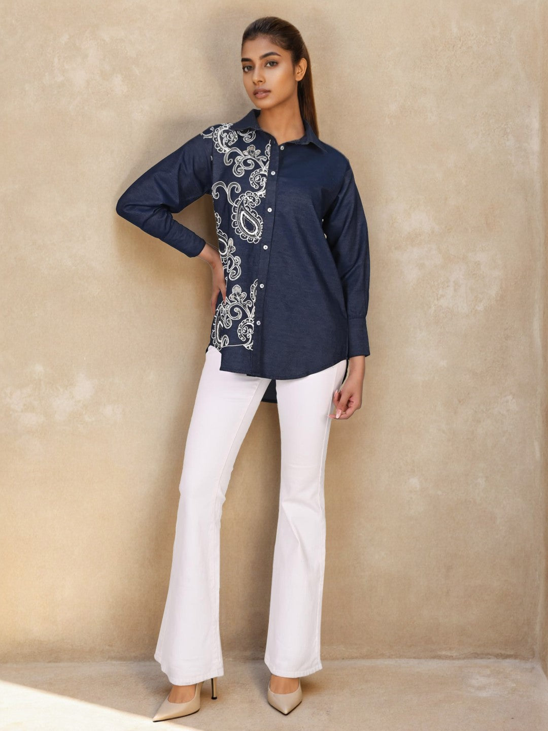 Sharanya hibis Embroidery denim shirt