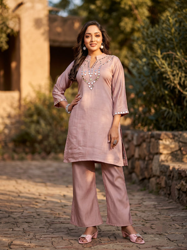 Divya salmon mirror work co-ord set